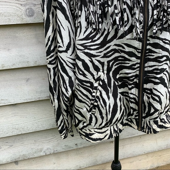 Vintage 80s Silk Zebra Print Fringe Trim Long Sleeve Zip Front Collared Jacket - Picture 9 of 16